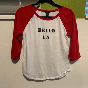 Red and white baseball tee